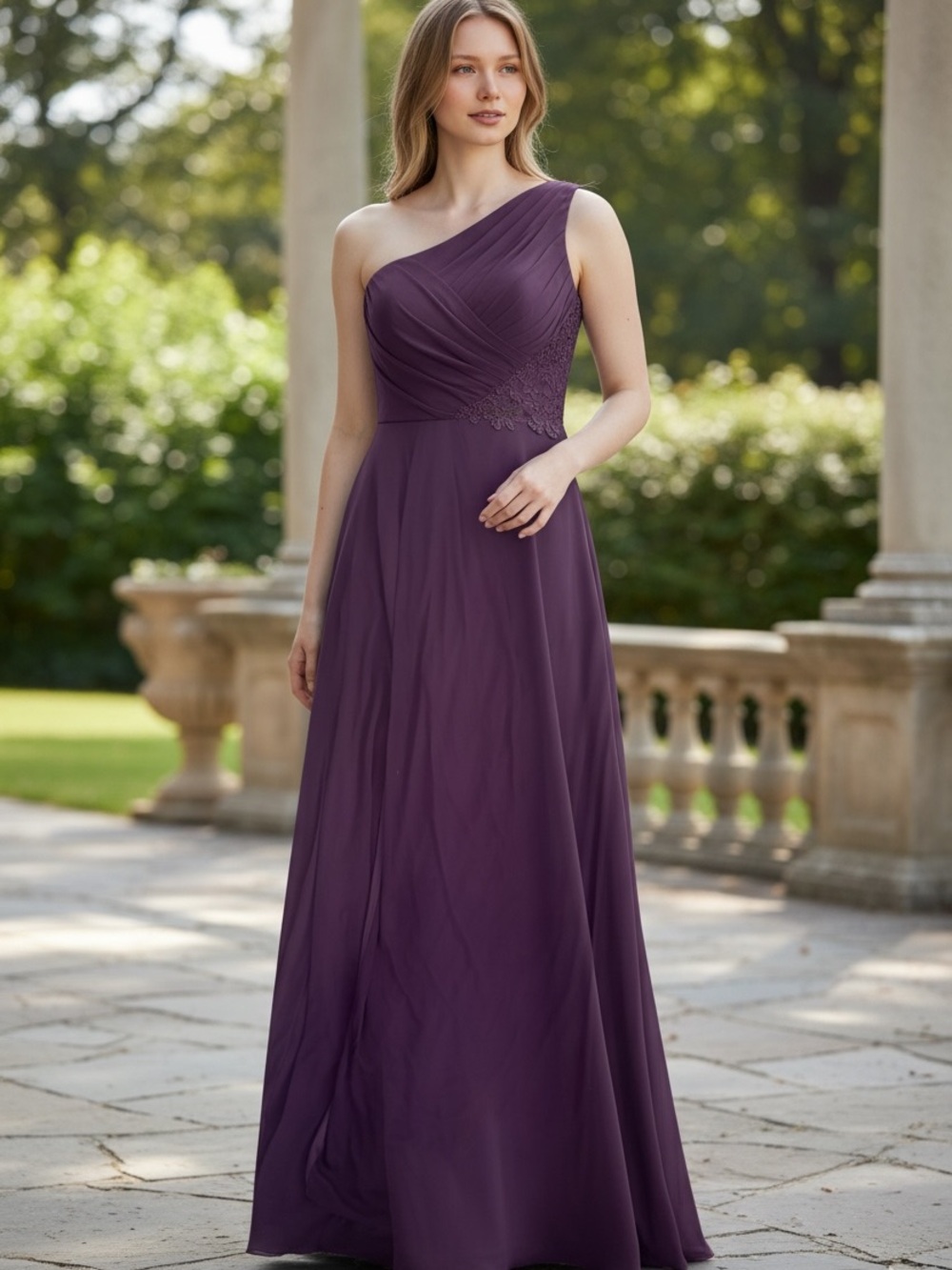 David's Bridal One-Shoulder Plum Chiffon Gown